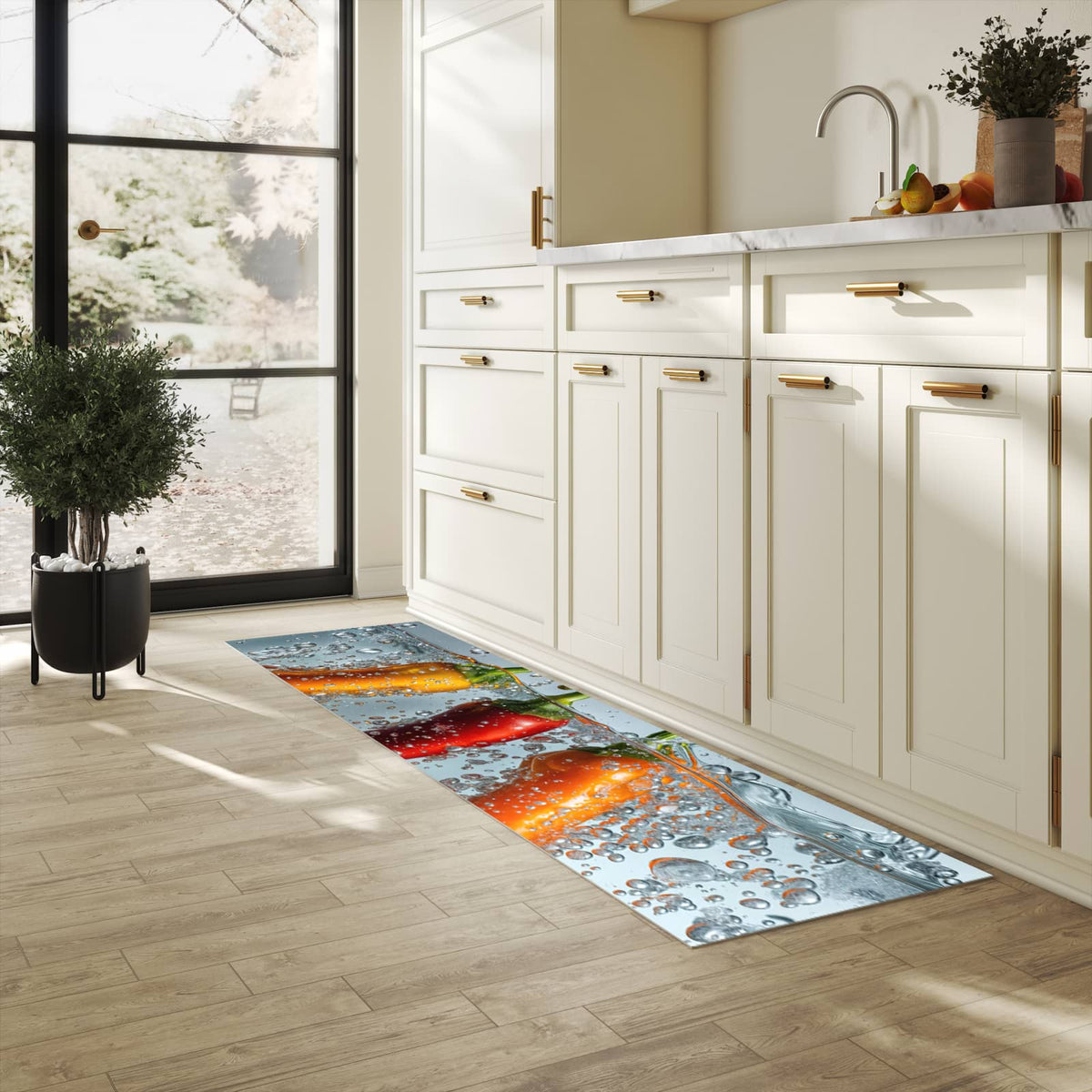 Küchenteppich mit Motiv In Wasser Paprika für angenehme Haptik in heller Küche