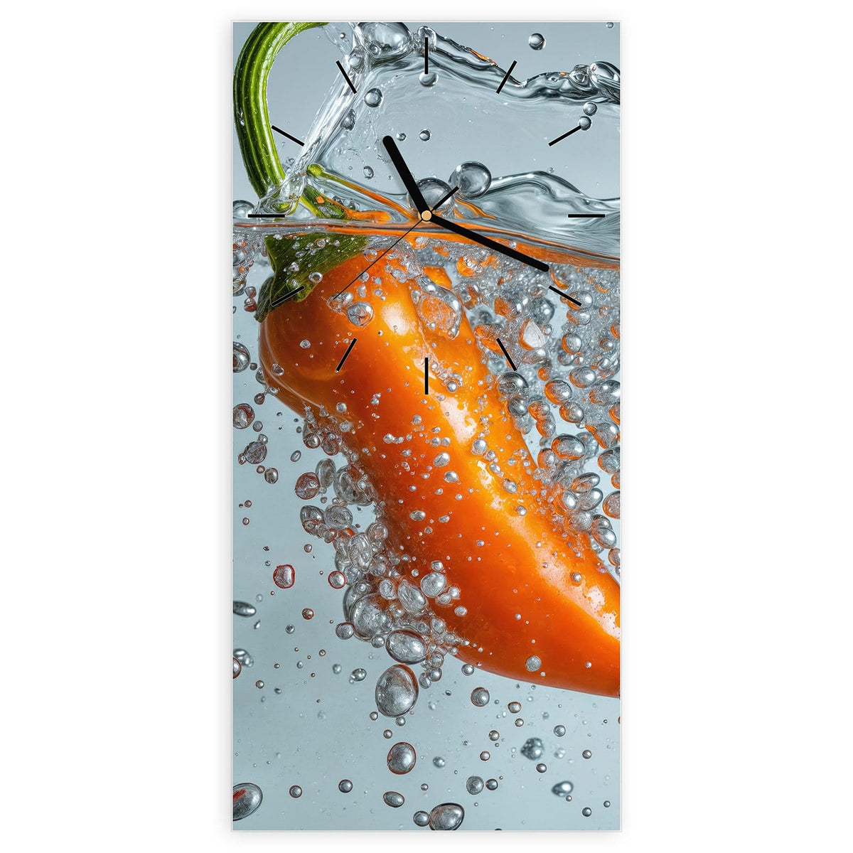Wanduhr aus Glas, Ziffernblatt Linie mit Motiv Spritzige Paprika: Gelbe, rote und orange Paprikaschote tauchen kopfüber ins Wasser, viele Blasen