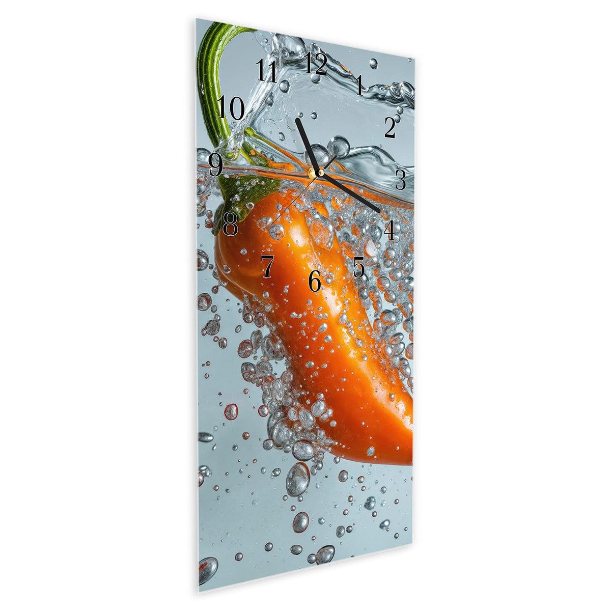 Wanduhr aus Glas im Hochformat Spritzige Paprika schräg von der Seite, 4 mm starkes Glas