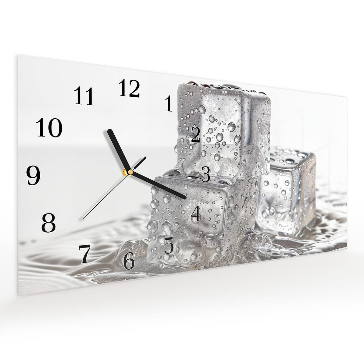 Vormontiert – mit Schwebeeffekt – Wanduhr Eiswuerfel aus Glas – Querformat 60 × 30 cm