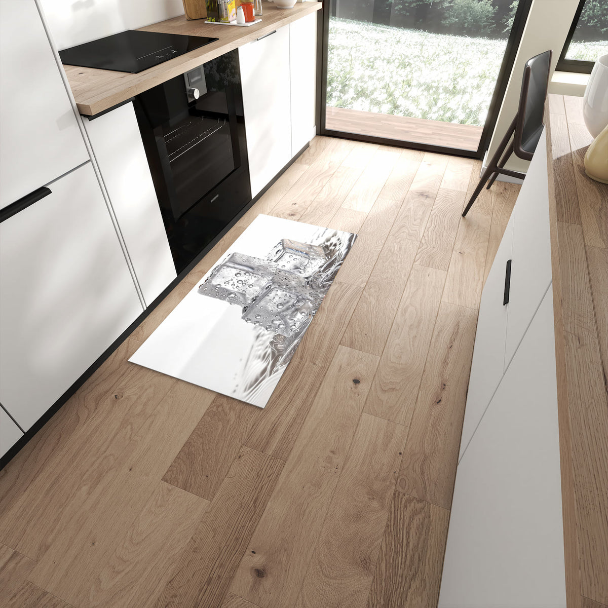 Küchenläufer Drei Eiswürfel in einer modernen Küche