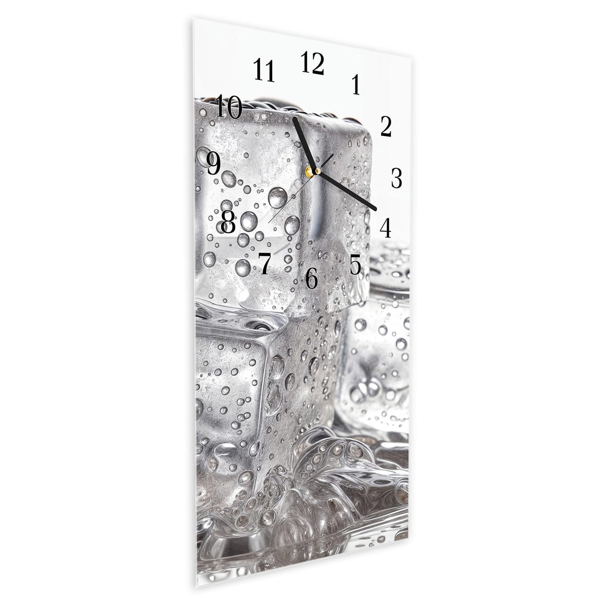 Vormontiert – mit Schwebeeffekt – Wanduhr Eiswuerfel aus Glas – Hochformat 30 × 60 cm