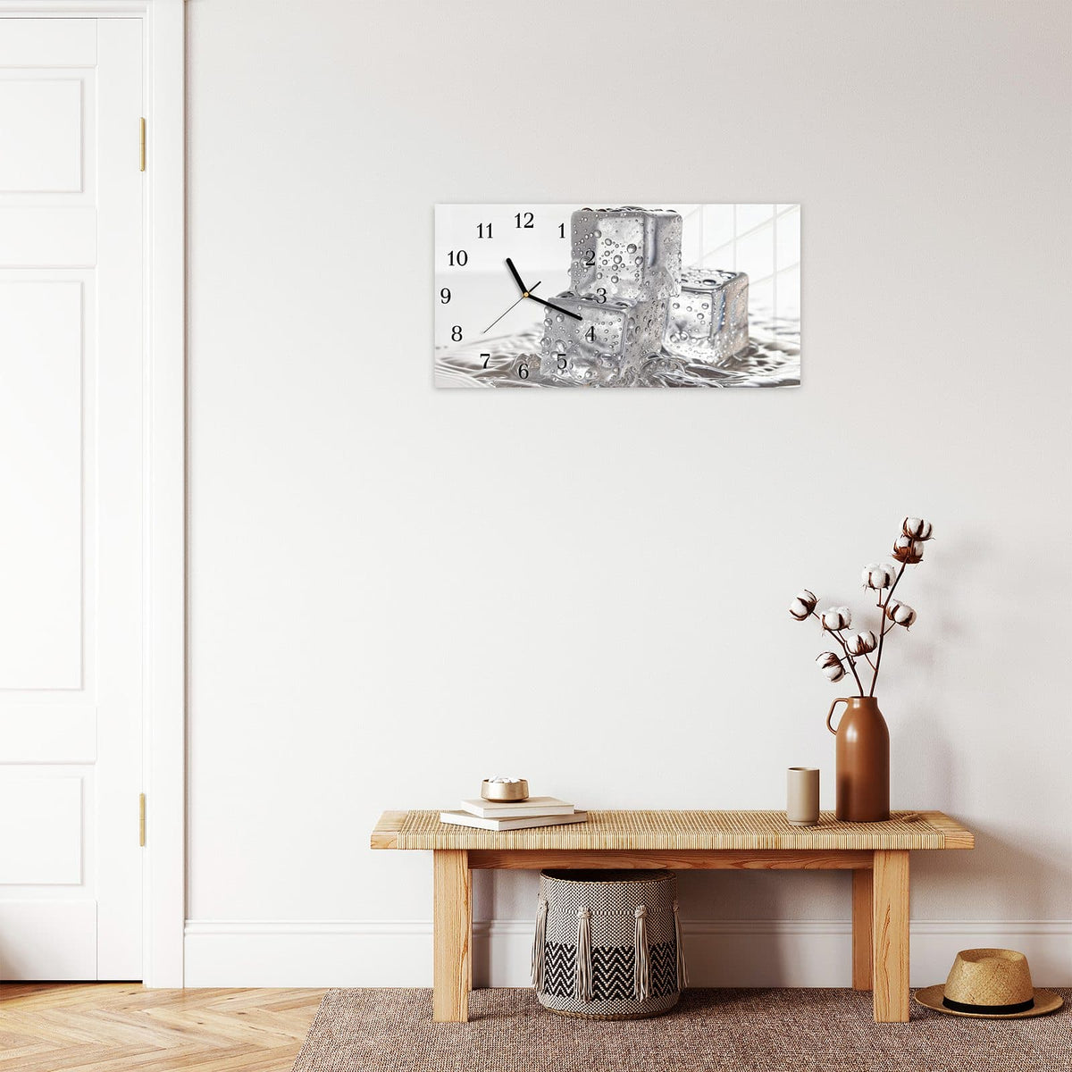 Moderne Wanduhr aus Glas mit Farbtiefe – Wanduhr Eiswuerfel aus Glas – Querformat 60 × 30 cm