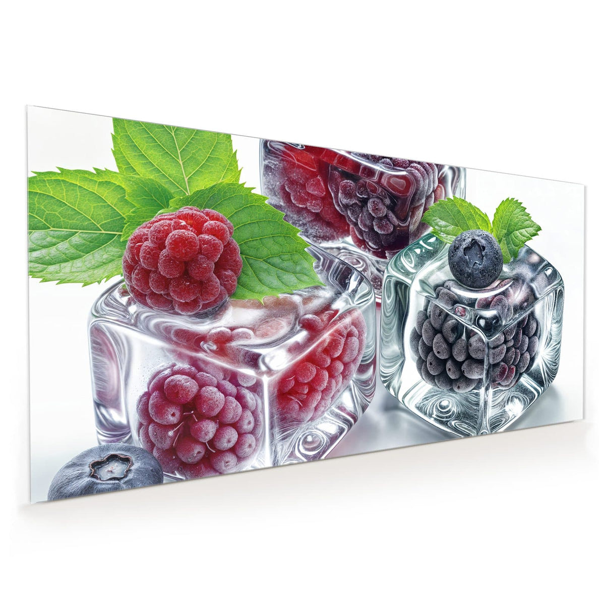 Küchenrückwand aus Glas im Hochformat mit Motiv Beeren und Minze im Eis: Drei Eiswürfel mit Himbeere, Brombeere und Blaubeeren, dazu Minzblätter, weißer Grund