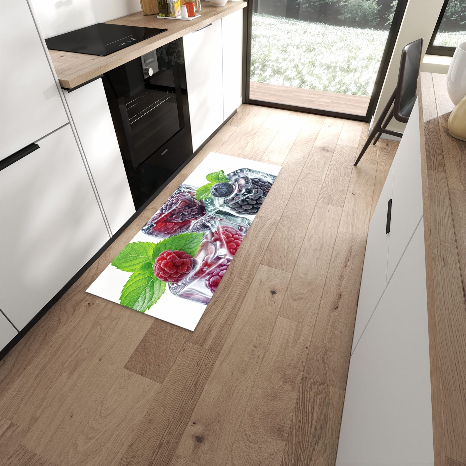 Komfortabler Küchenteppich mit Motiv Eiswürfel Beerenmix in moderner Küche #grösse_60 x 150 cm