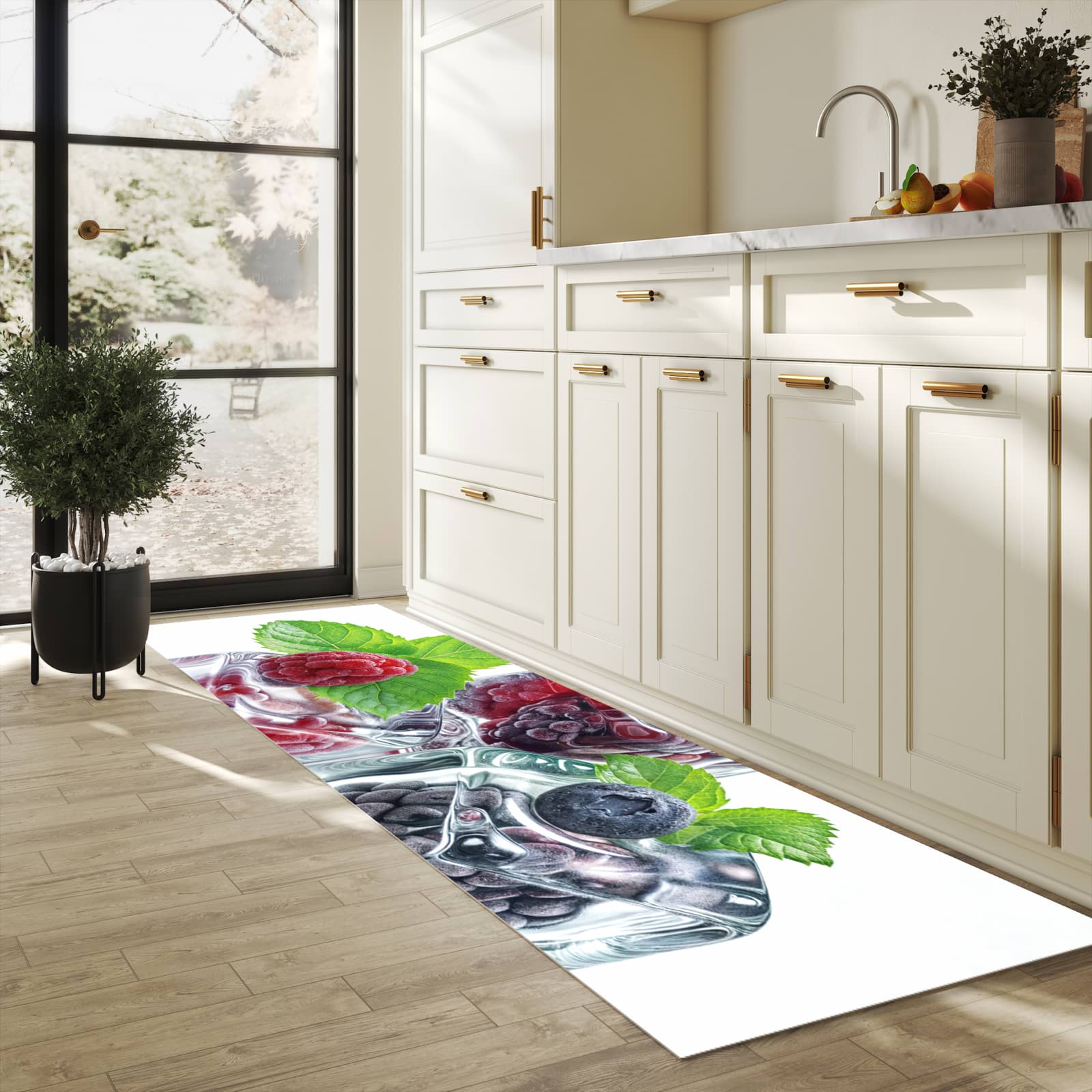 Langlebiger, waschbarer Küchenläufer mit Motiv Eiswürfel Beerenmix in heller Küche