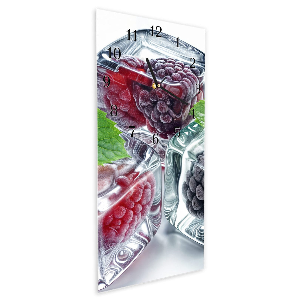 Vormontiert – mit Schwebeeffekt – Wanduhr Eiswürfel Beerenmix aus Glas – Hochformat 30 × 60 cm