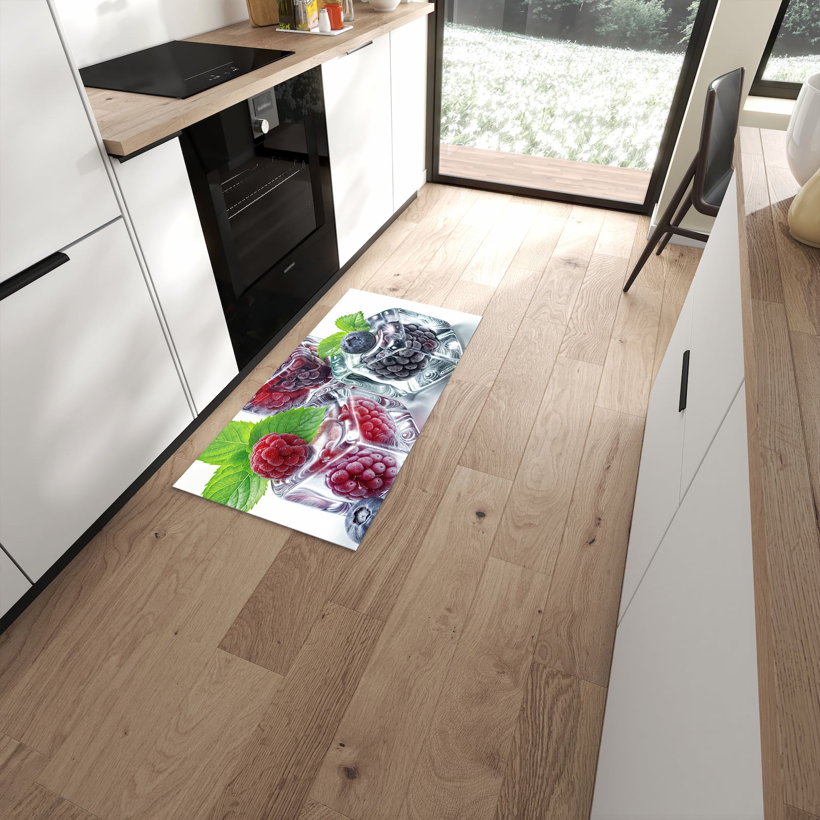 Pflegeleichter Küchenteppich mit Motiv Eiswürfel Beerenmix in moderner Küche #grösse_60 x 120 cm