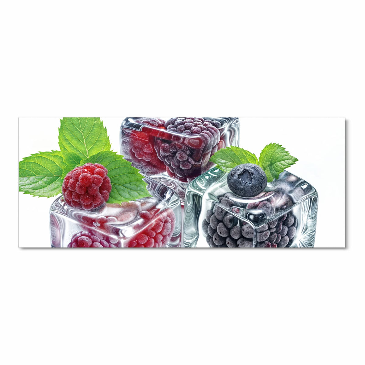 drei Eiswürfel mit Himbeere, Brombeere und Blaubeeren, dazu Minzblätter, weißer Grund