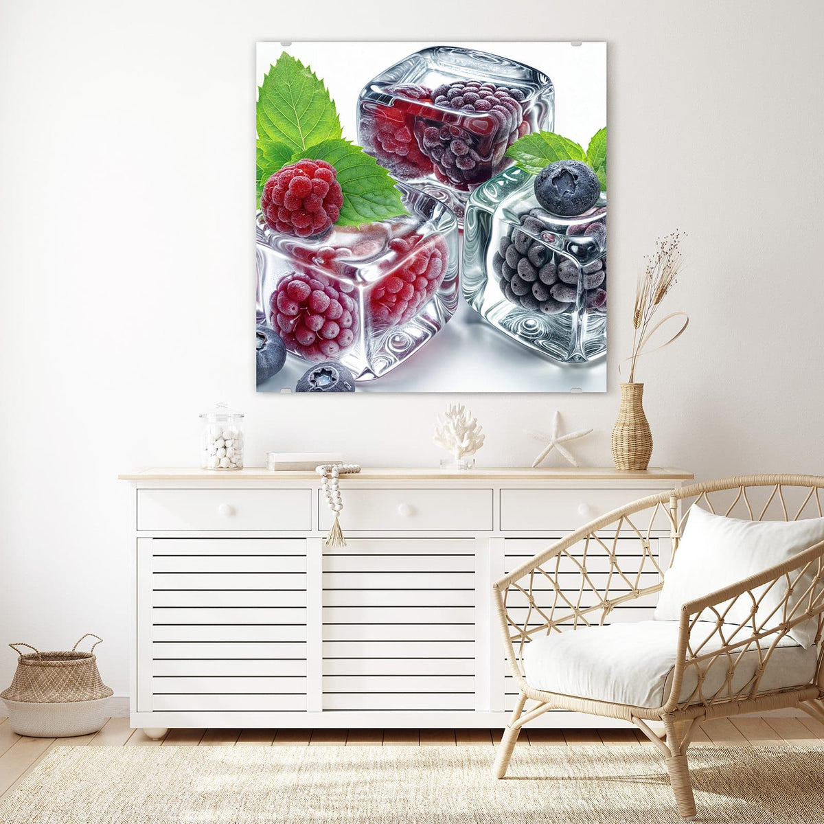 Echtglas, 4 mm – kein Acryl, keine Folie – Wandbild - Beeren und Minze im Eis - Quadratisch