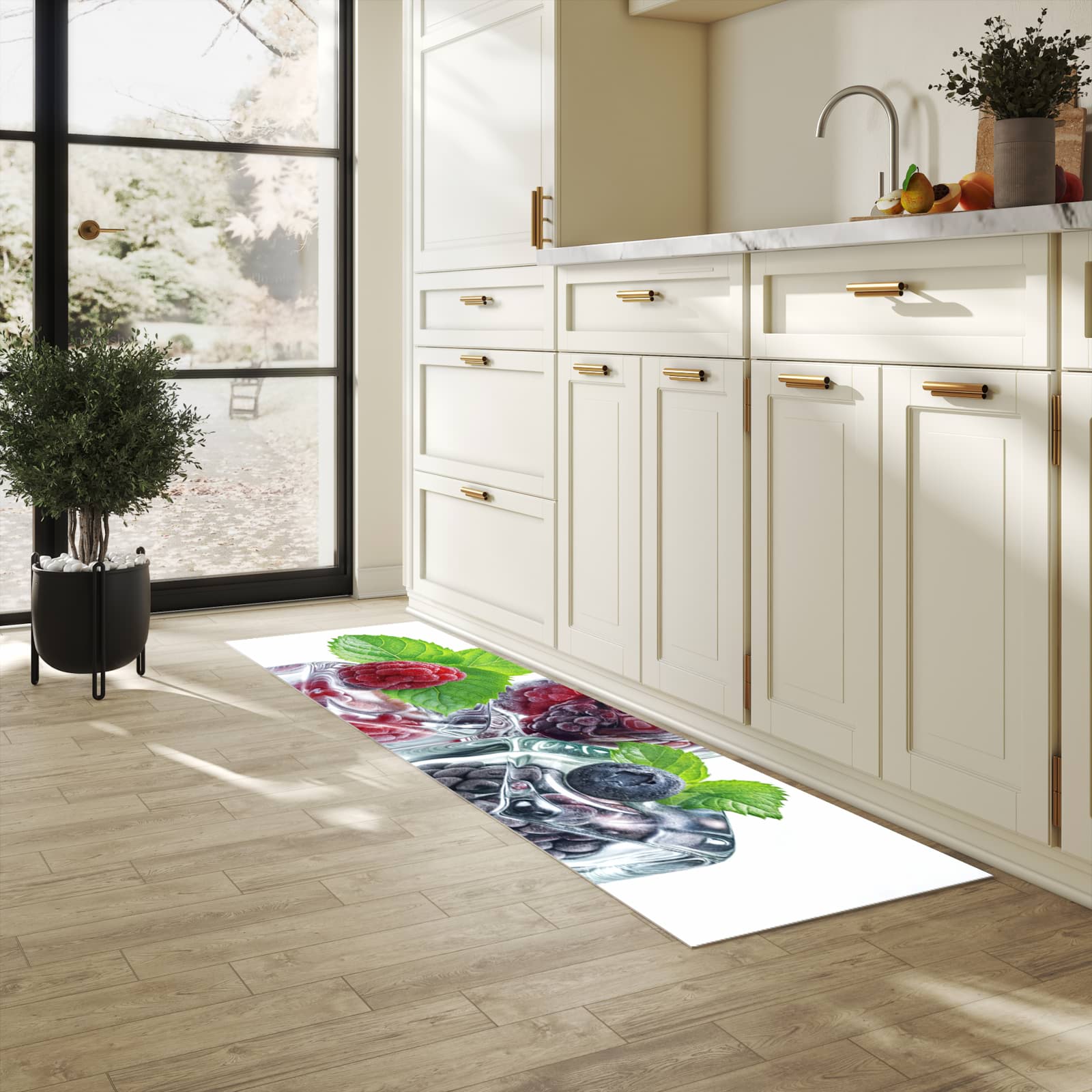 Abriebfester rutschfester Küchenläufer mit Motiv Eiswürfel Beerenmix in heller Küche