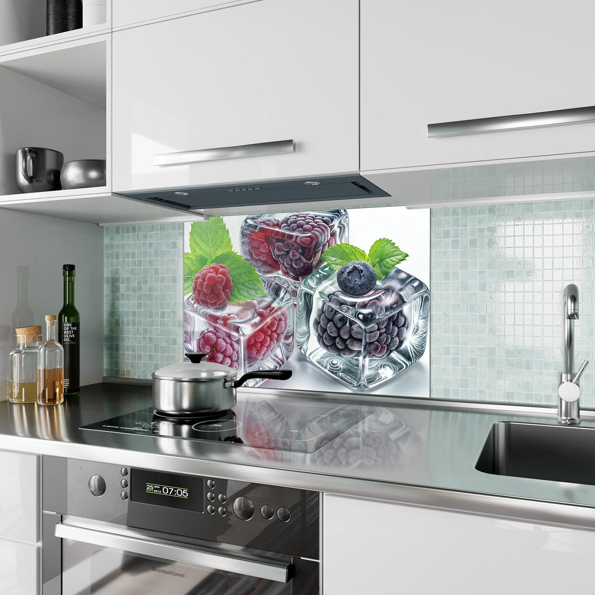 Küchenrückwand aus Glas Beeren und Minze im Eis im Hochformat als Spritzschutz hinter dem Kochfeld, über dem Fliesenspiegel montiert