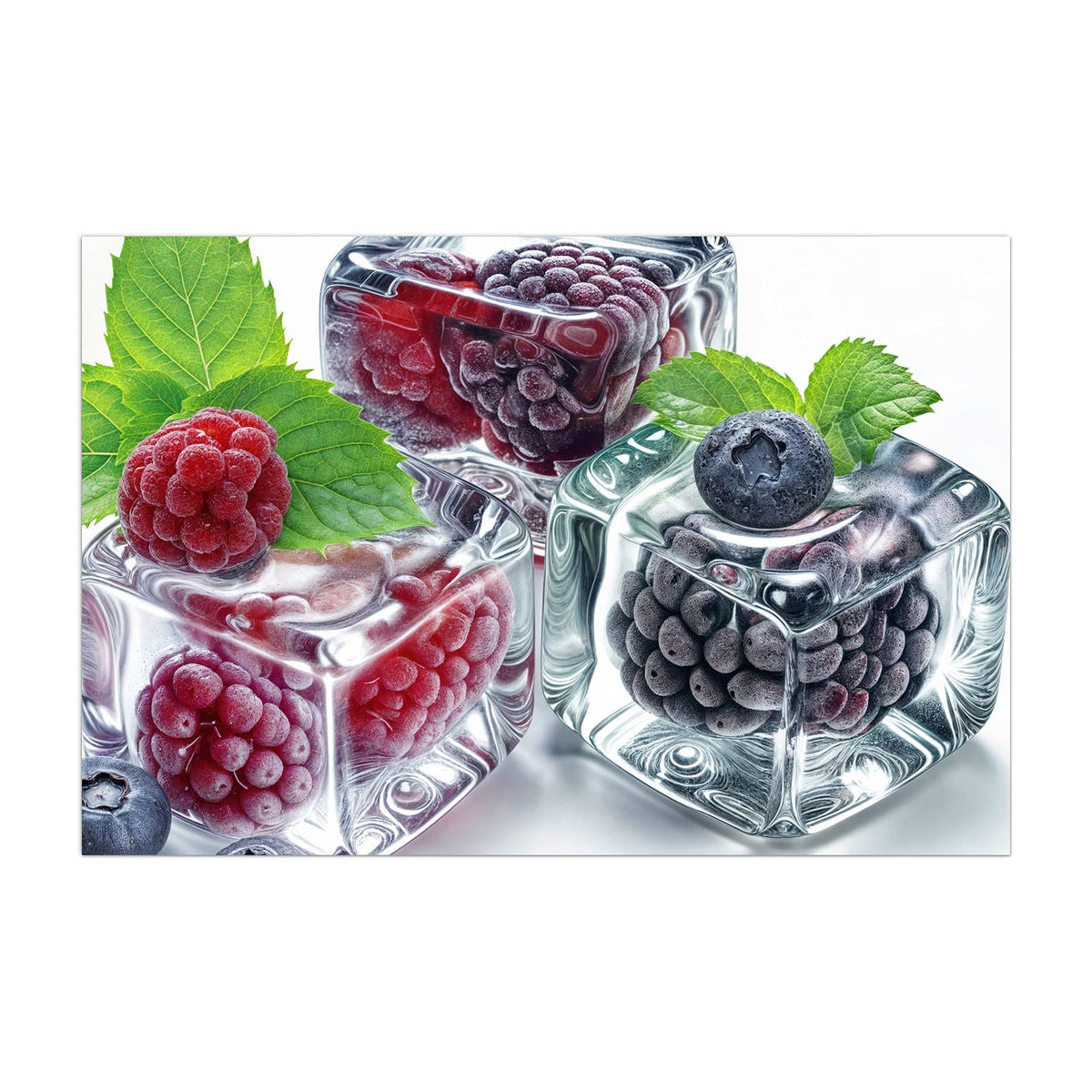 Küchenrückwand aus Glas Beeren und Minze im Eis im Hochformat, Motiv bildfüllend von vorn