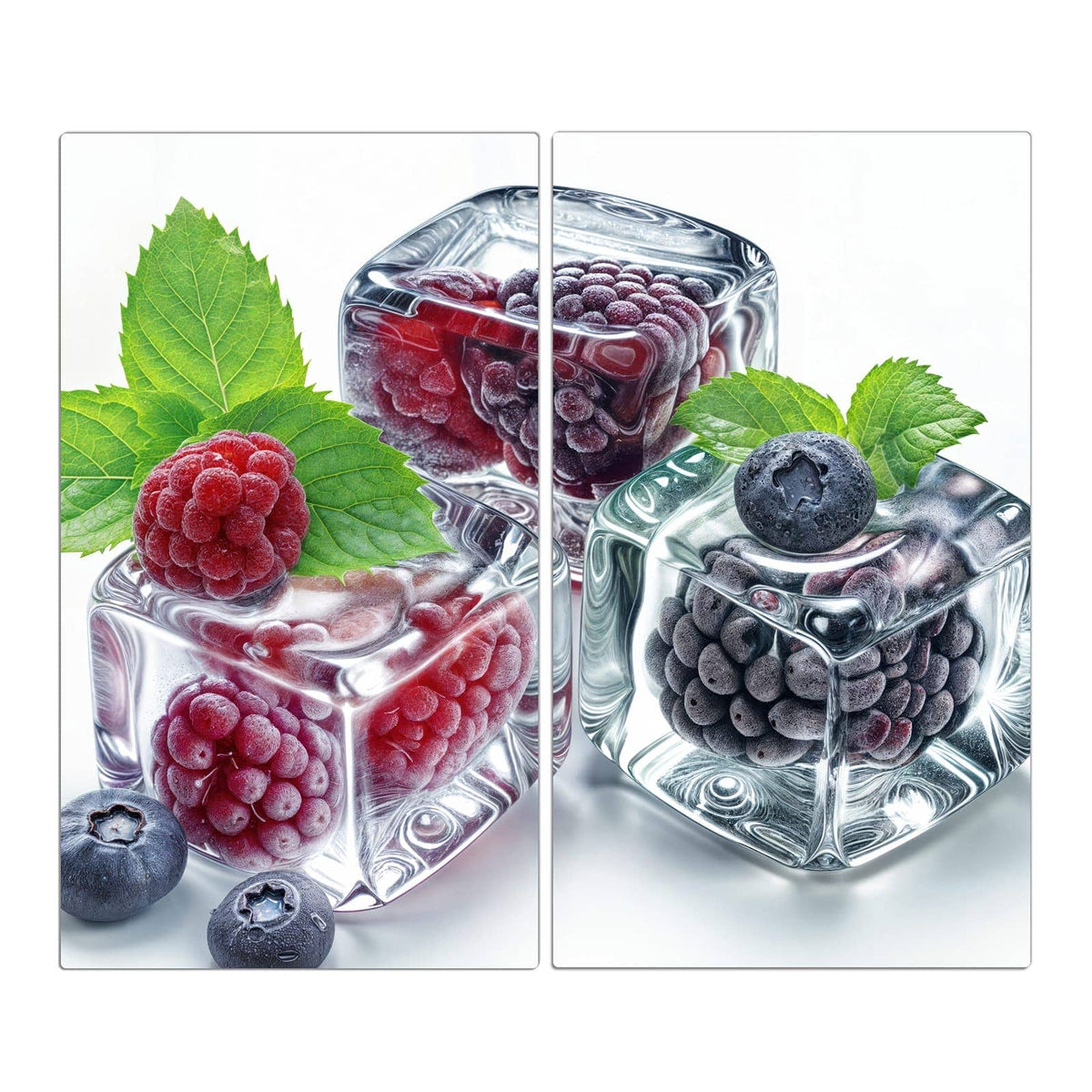 drei Eiswürfel mit Himbeere, Brombeere und Blaubeeren, dazu Minzblätter, weißer Grund