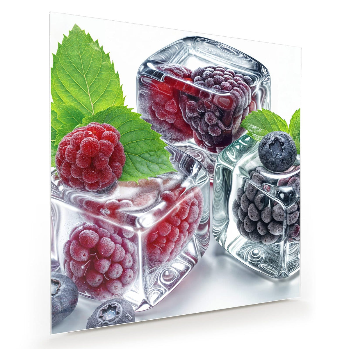 drei Eiswürfel mit Himbeere, Brombeere und Blaubeeren, dazu Minzblätter, weißer Grund