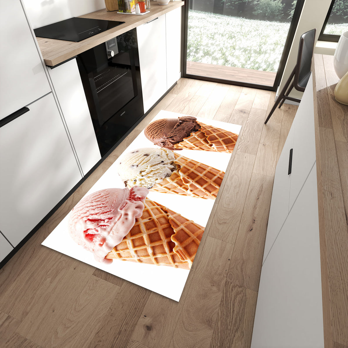 Langlebiger Küchenteppich mit Motiv Leckeres Eiscreme Trio in moderner Küche