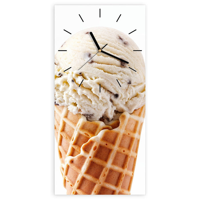 Wanduhr Leckeres Eiscreme Trio aus Glas – Hochformat 30 × 60 cm mit Ziffernblatt Linie