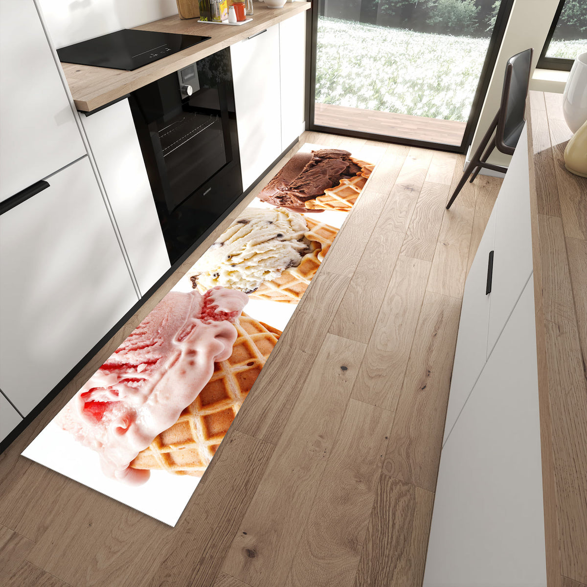 Abriebfester moderner Küchenläufer mit Motiv Leckeres Eiscreme Trio in moderner Küche