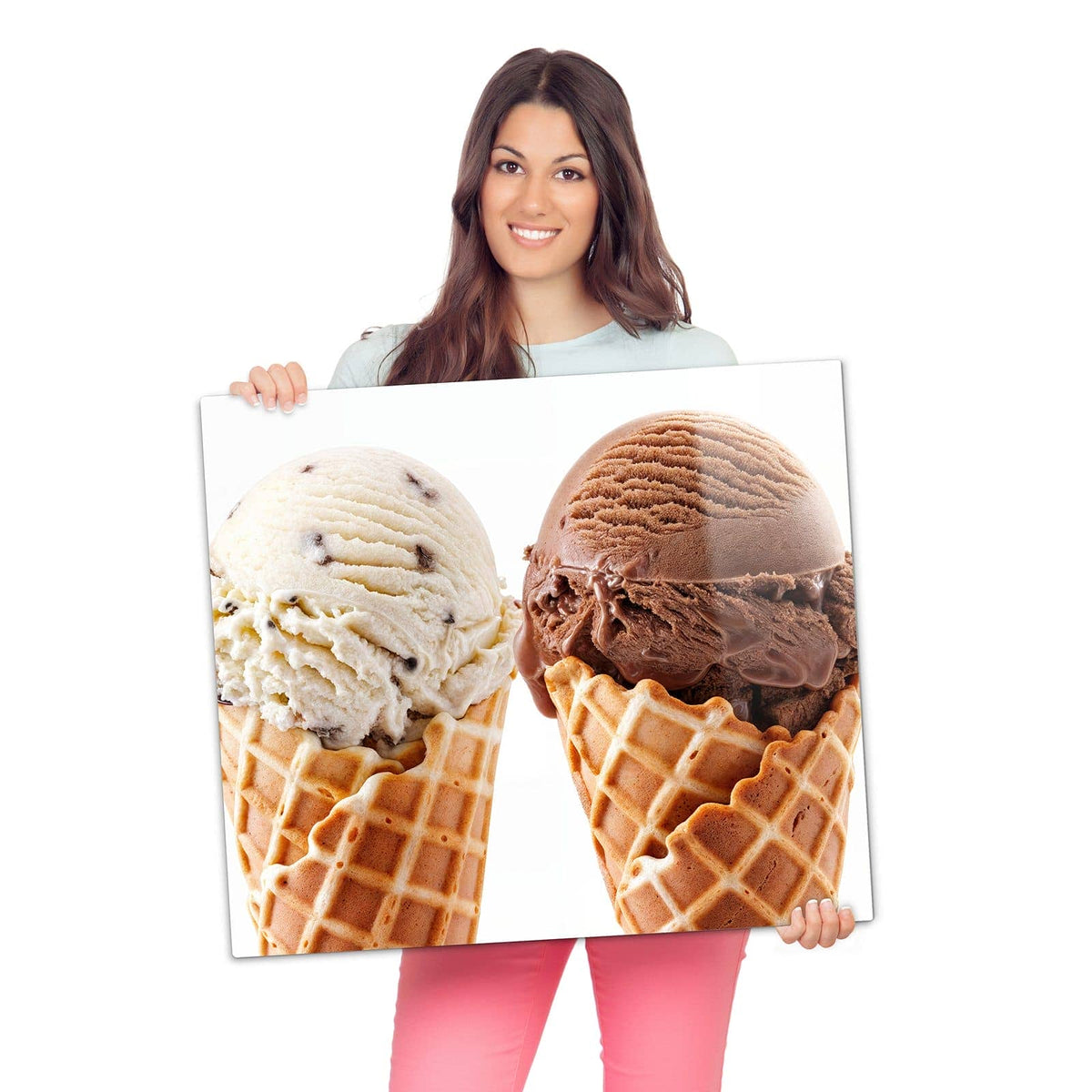 Abdeckung für Herdplatten mit Leckeres Eiscreme Trio-Motiv wird zur Größendarstellung gehalten