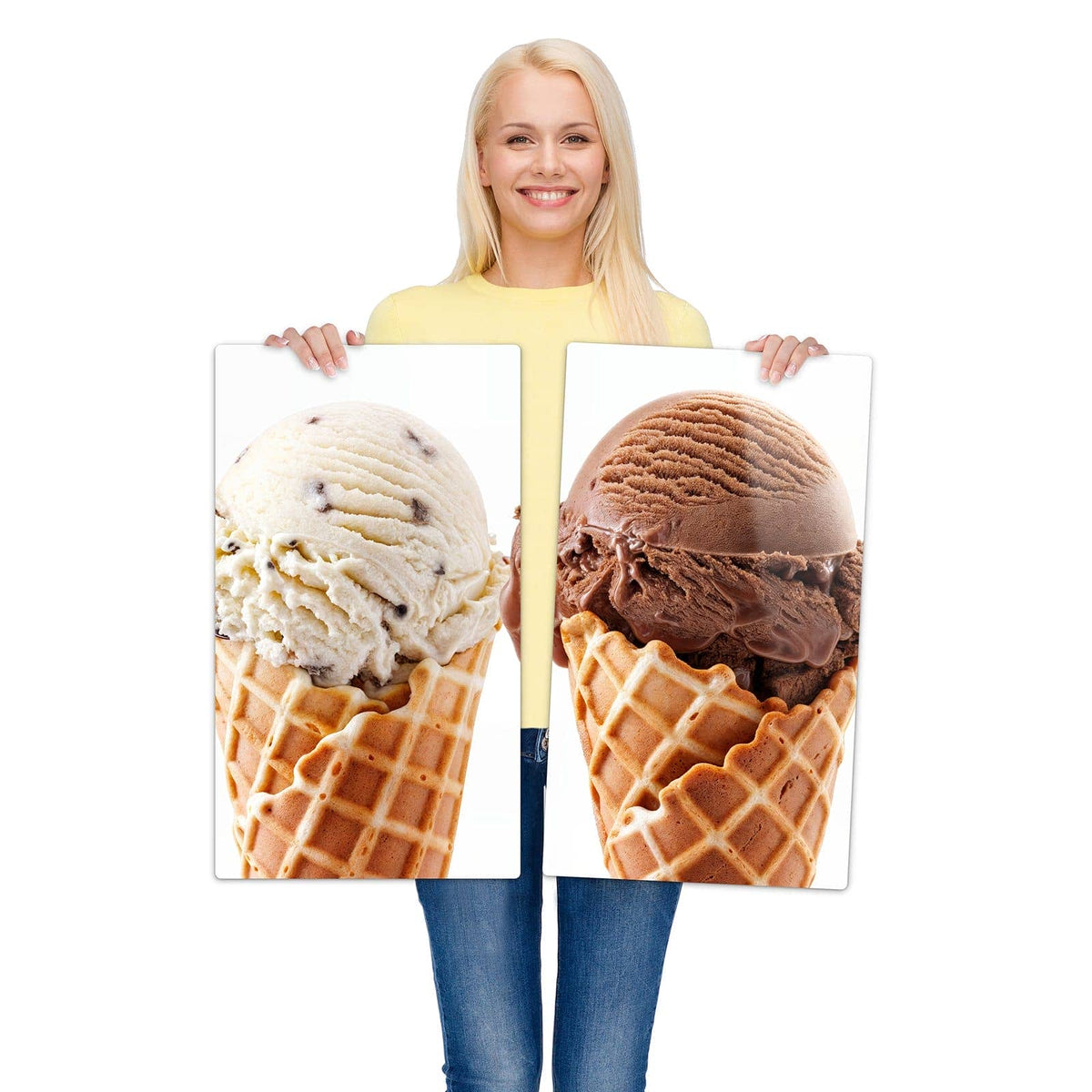 2-teilige Abdeckplatten für Ceranfeld mit Leckeres Eiscreme Trio-Motiv wird zur Größendarstellung gehalten