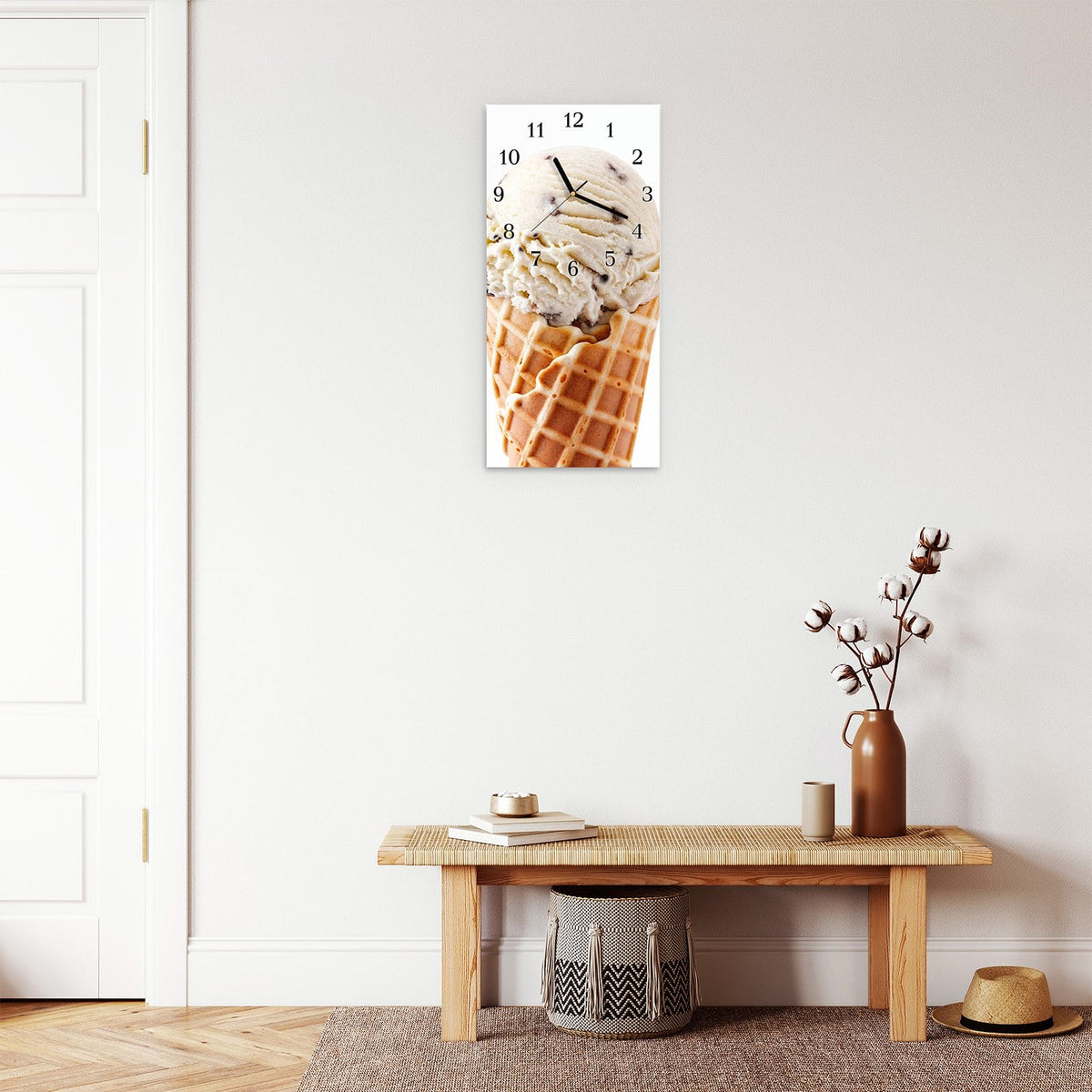 Moderne Wanduhr aus Glas mit Farbtiefe – Wanduhr Leckeres Eiscreme Trio aus Glas – Hochformat 30 × 60 cm