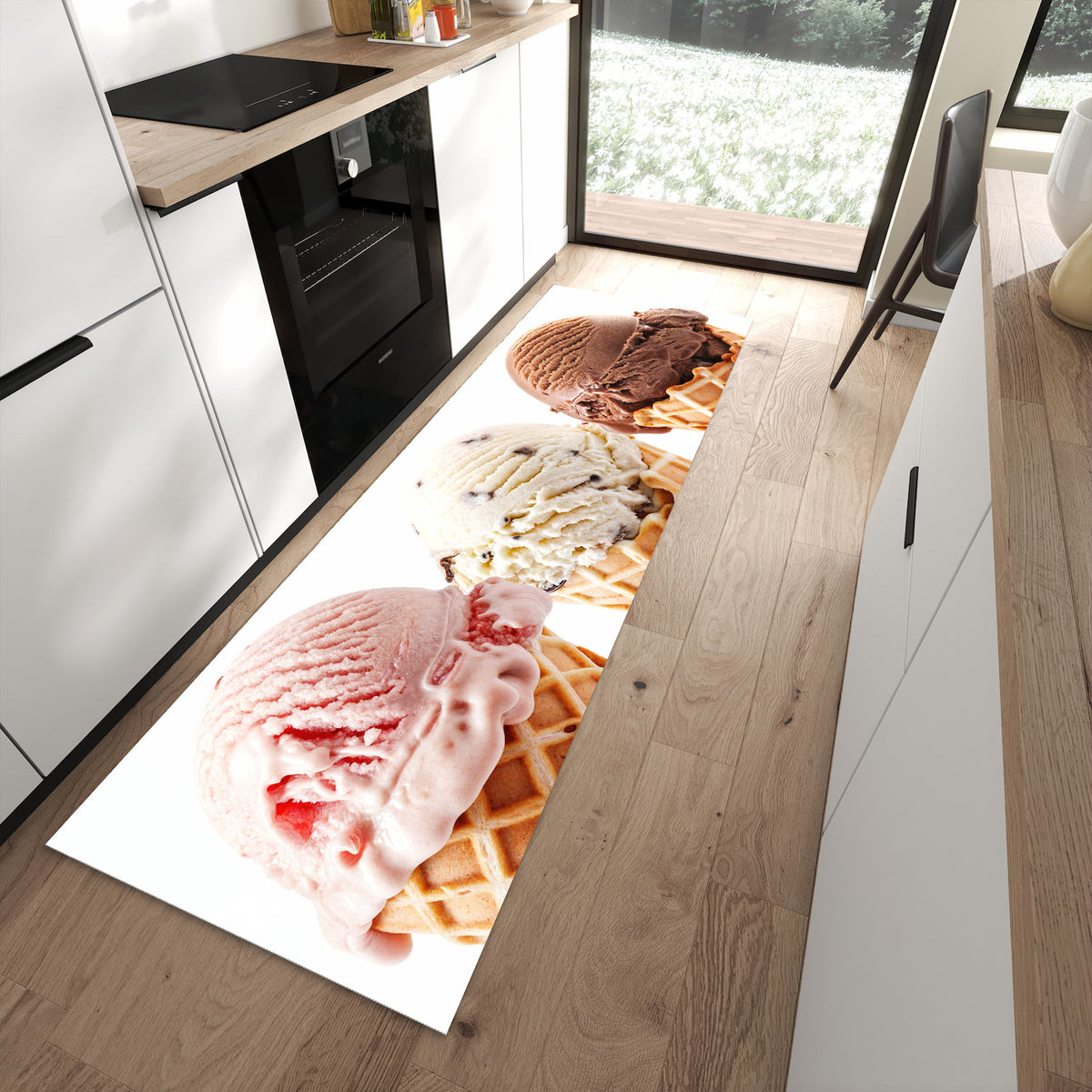 Fleckenresistenter Küchenteppich mit Motiv Leckeres Eiscreme Trio in moderner Küche