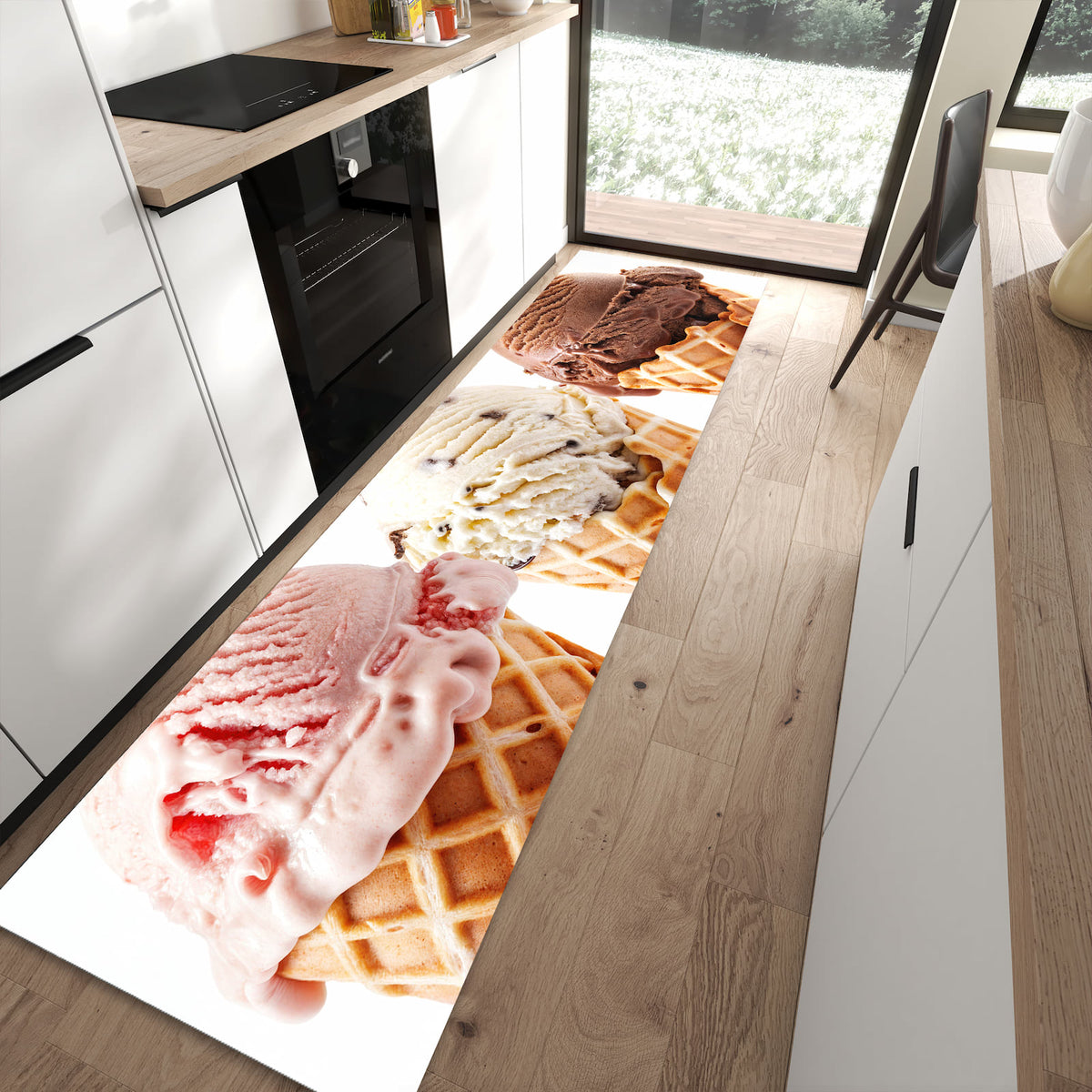 Geruchsneutraler Küchenteppich mit Motiv Leckeres Eiscreme Trio in moderner Küche