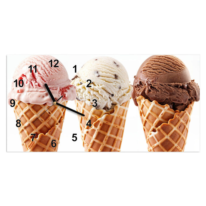 Wanduhr Leckeres Eiscreme Trio aus Glas – Querformat 60 × 30 cm mit Ziffernblatt Modern