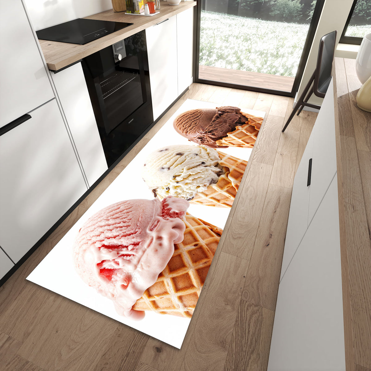 Flacher Küchenteppich mit Motiv Leckeres Eiscreme Trio in moderner Küche