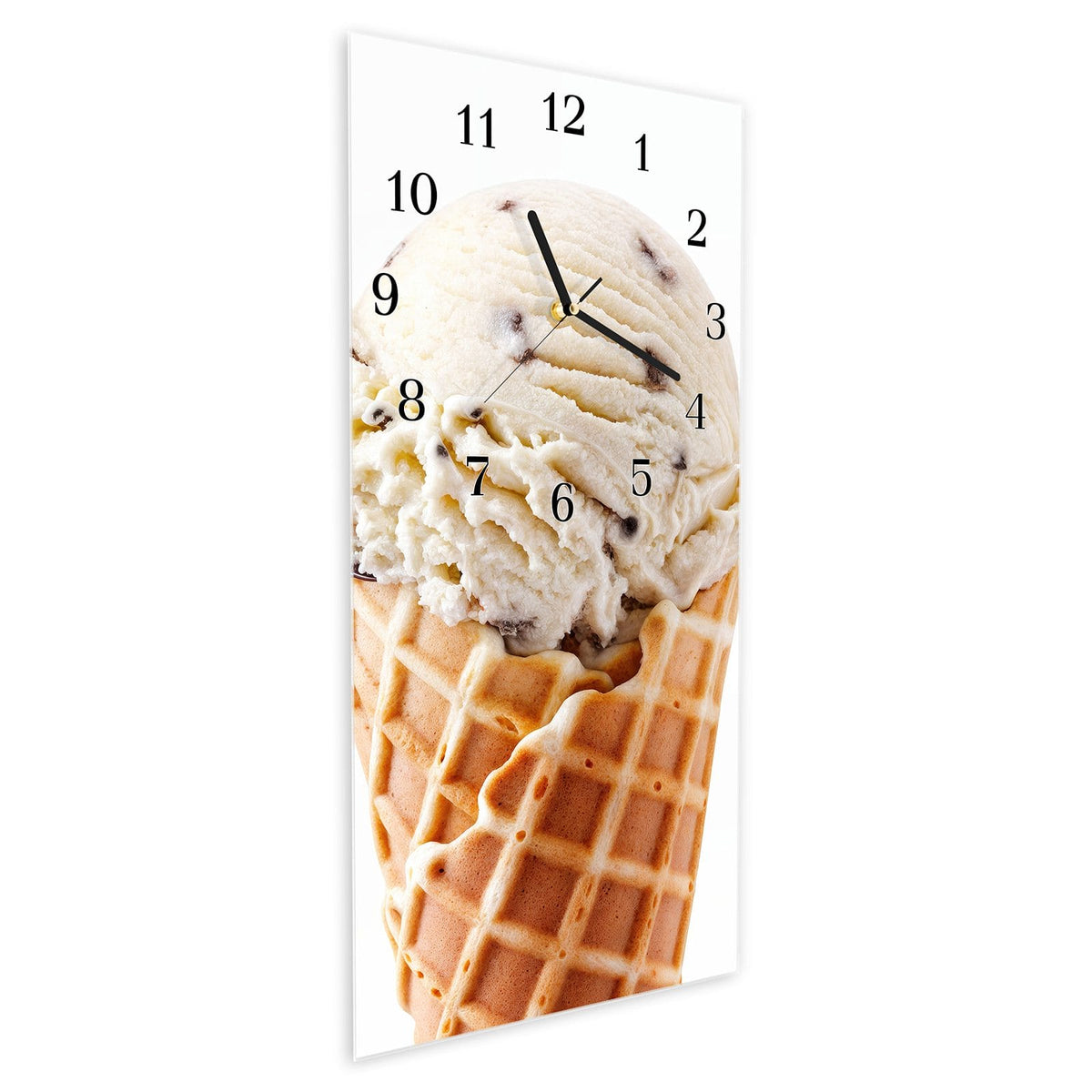 Vormontiert – mit Schwebeeffekt – Wanduhr Leckeres Eiscreme Trio aus Glas – Hochformat 30 × 60 cm