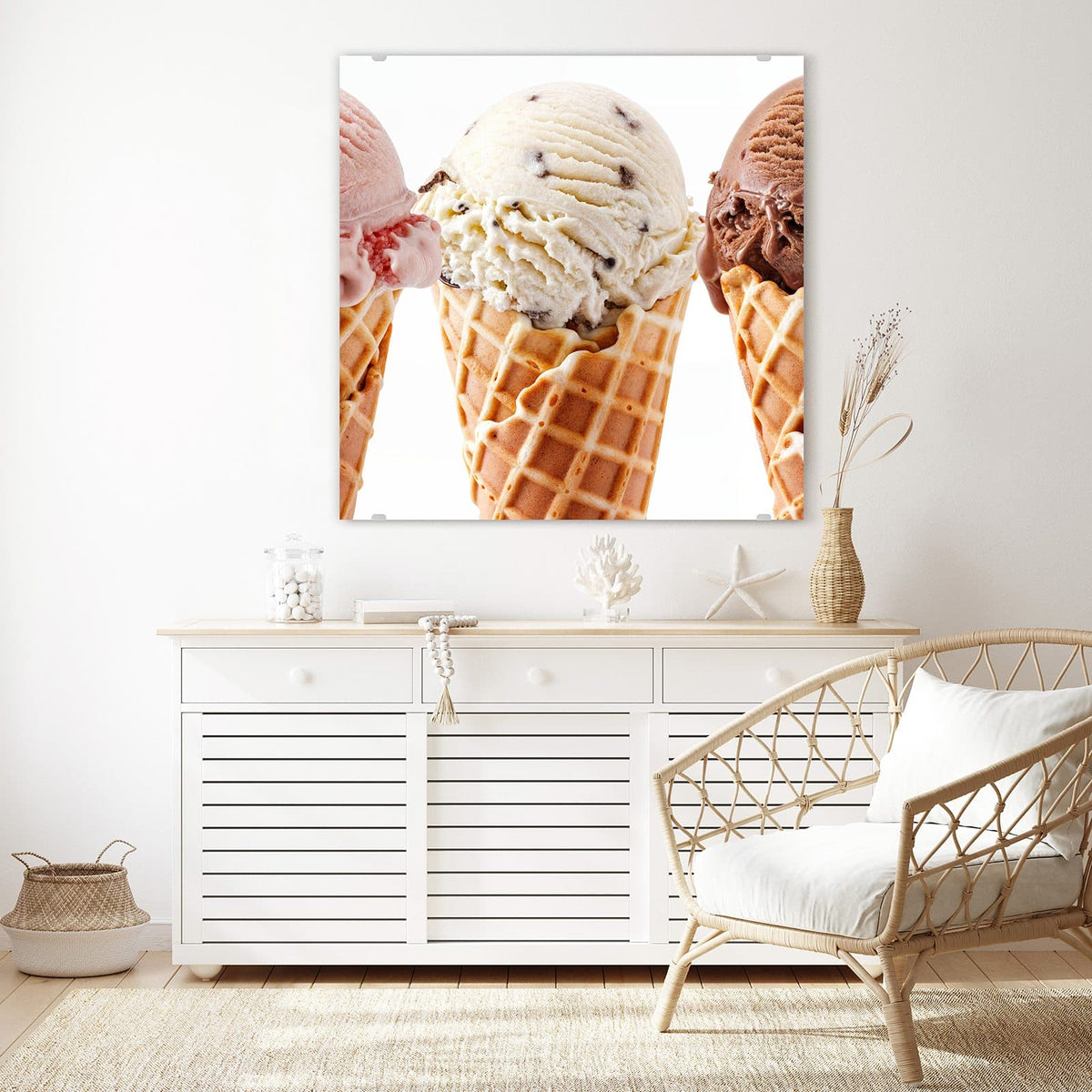 Echtglas, 4 mm – kein Acryl, keine Folie – Wandbild - Drei Eistüten - Quadratisch