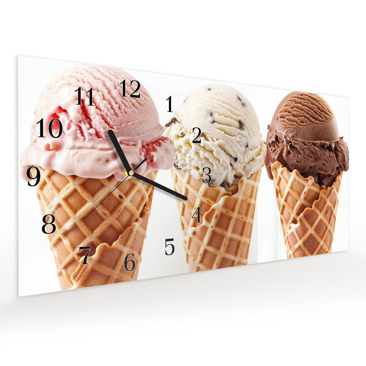 Vormontiert – mit Schwebeeffekt – Wanduhr Leckeres Eiscreme Trio aus Glas – Querformat 60 × 30 cm