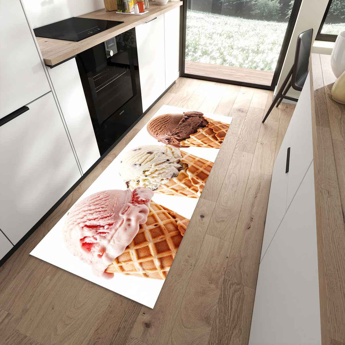 Wasserabweisender Küchenteppich mit Motiv Leckeres Eiscreme Trio in moderner Küche