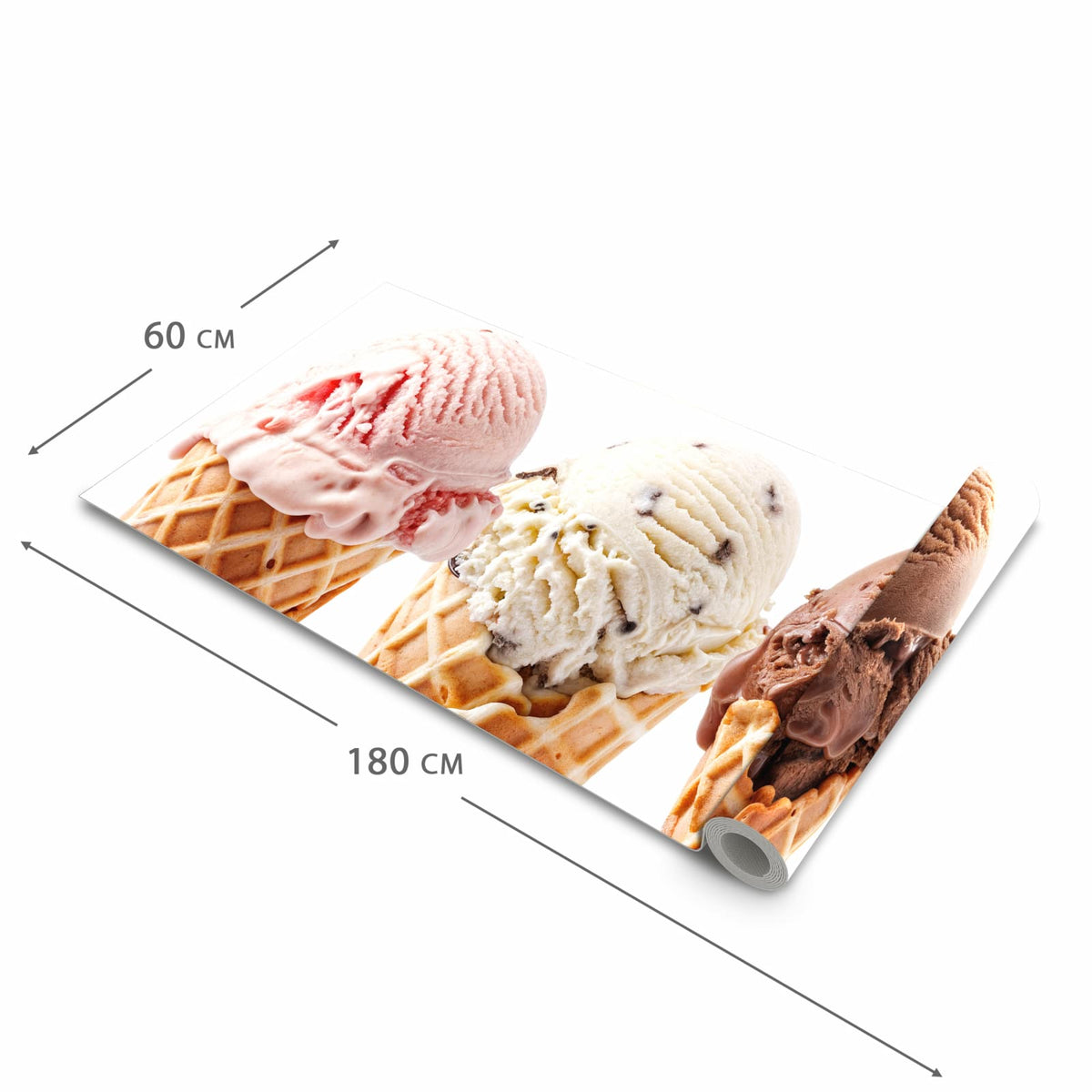 Pflegeleichter Küchenläufer mit Motiv Leckeres Eiscreme Trio in der Grösse 90x180 cm zum Waschen
