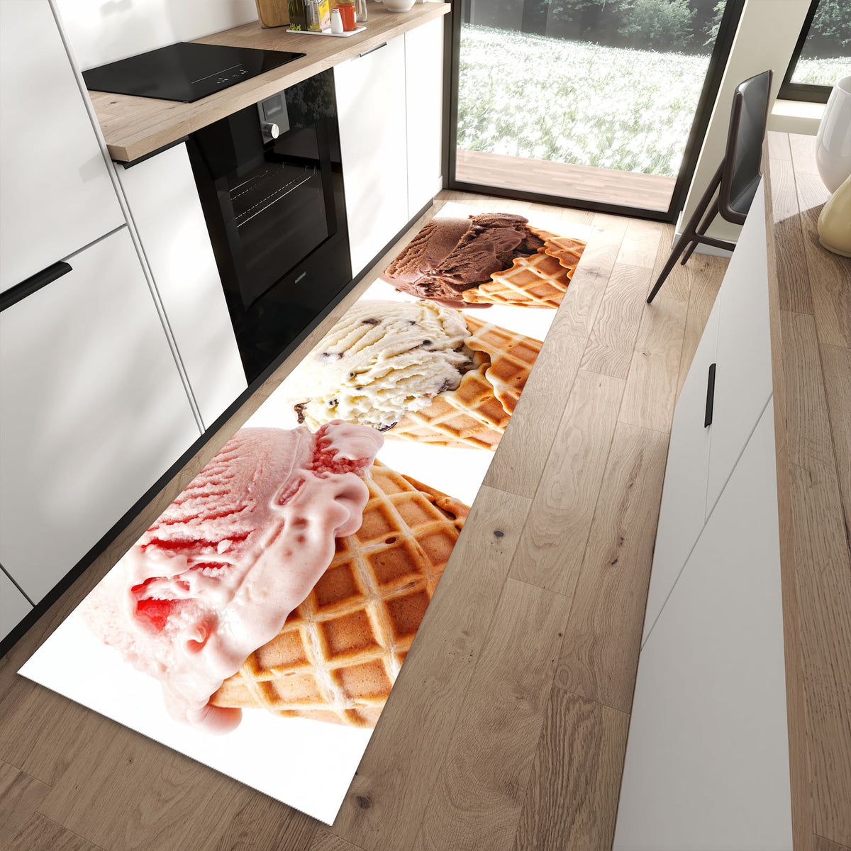 Schmutzabweisender Küchenteppich mit Motiv Leckeres Eiscreme Trio in moderner Küche