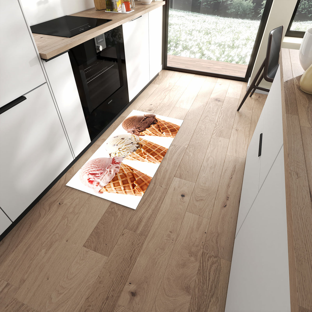 Formstabiler rutschfester Küchenläufer mit Motiv Leckeres Eiscreme Trio in moderner Küche #grösse_60 x 120 cm