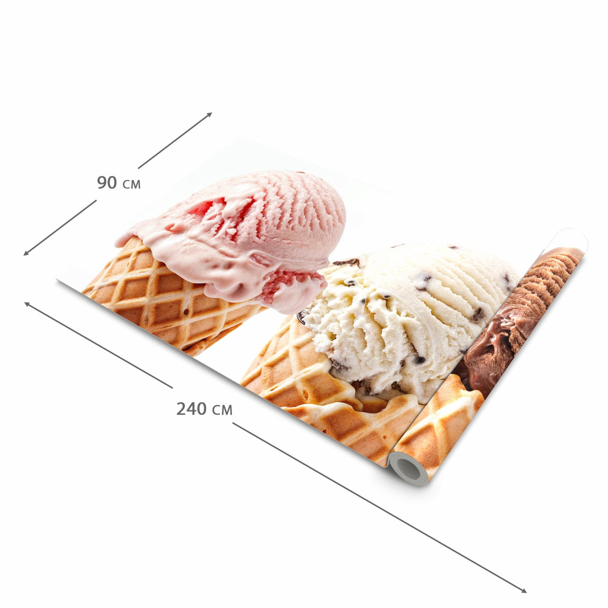 Feuchtigkeitsresistenter Küchenteppich mit Motiv Leckeres Eiscreme Trio in der Grösse 90x180 cm