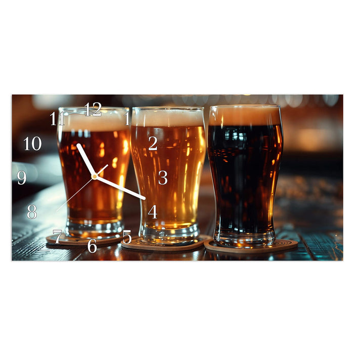 Wanduhr Drei Biergläser Bar aus Glas – Querformat 60 × 30 cm mit Ziffernblatt Klassisch