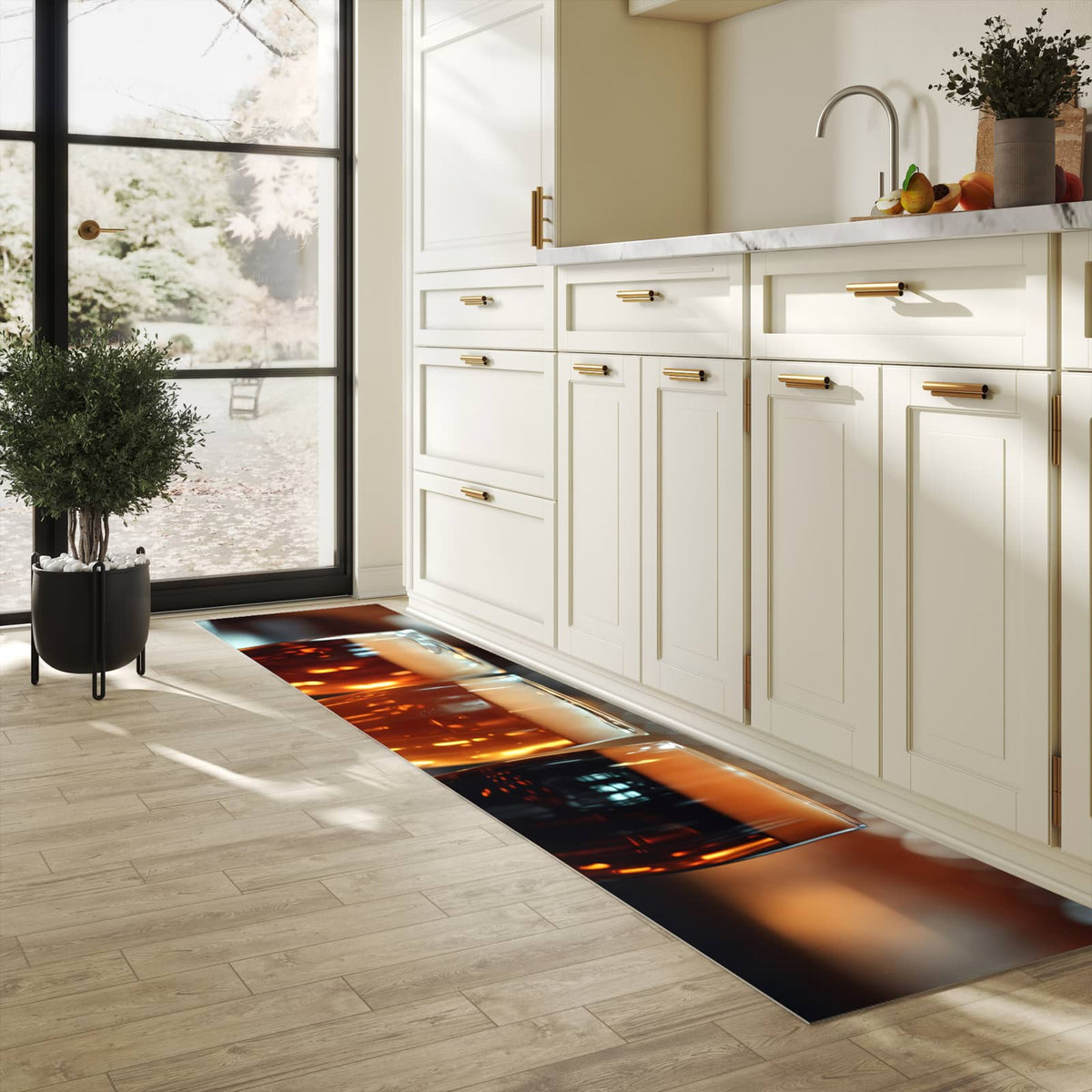 Fleckenresistenter langer Teppich mit Motiv Drei Biergläser Bar in heller Küche