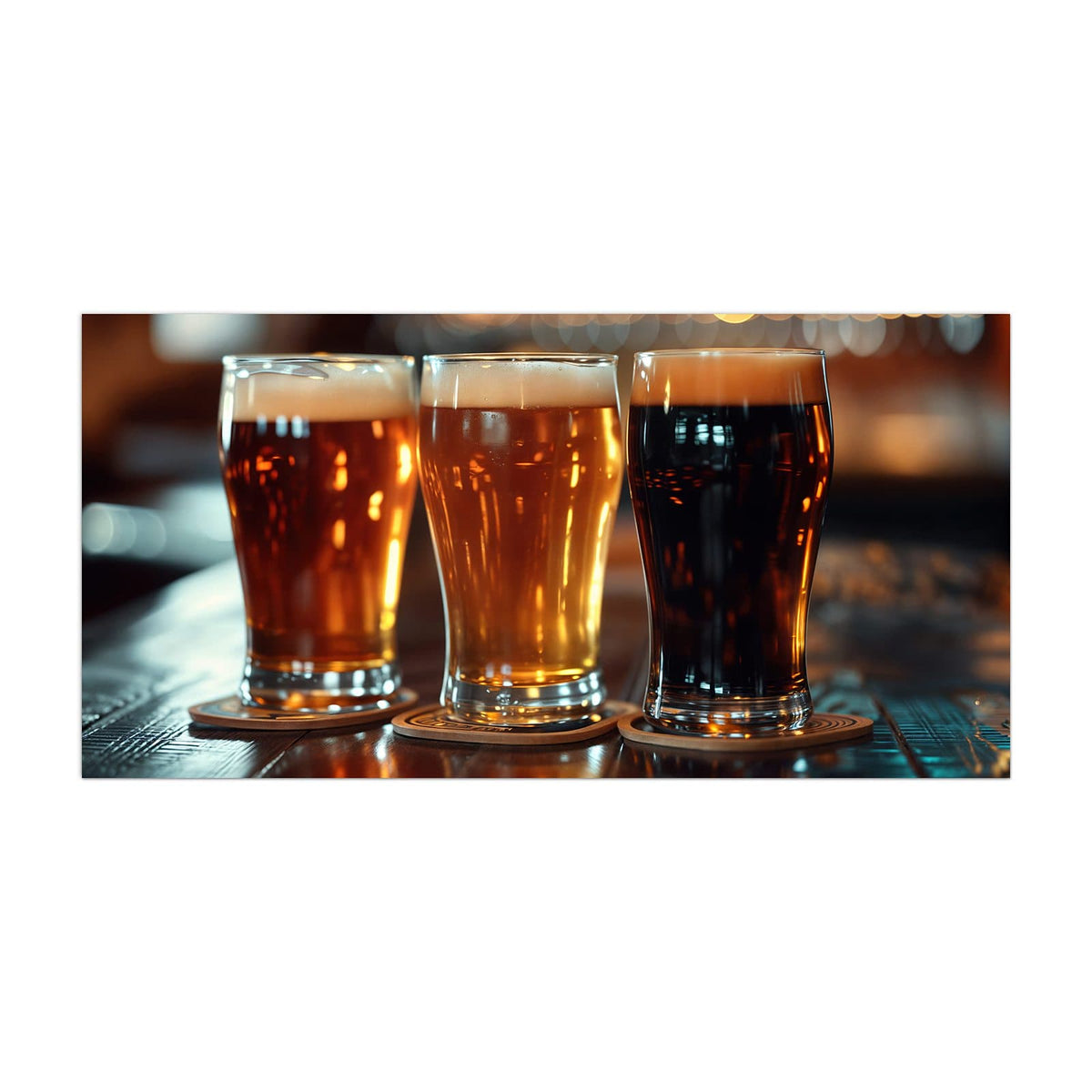 Küchenrückwand aus Glas Drei Biersorten im Hochformat, Motiv bildfüllend von vorn