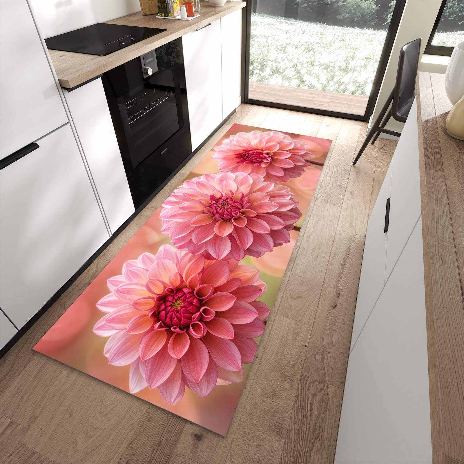 Komfortabler rutschfester Küchenteppich mit Motiv Drei Blumenblüten in moderner Küche