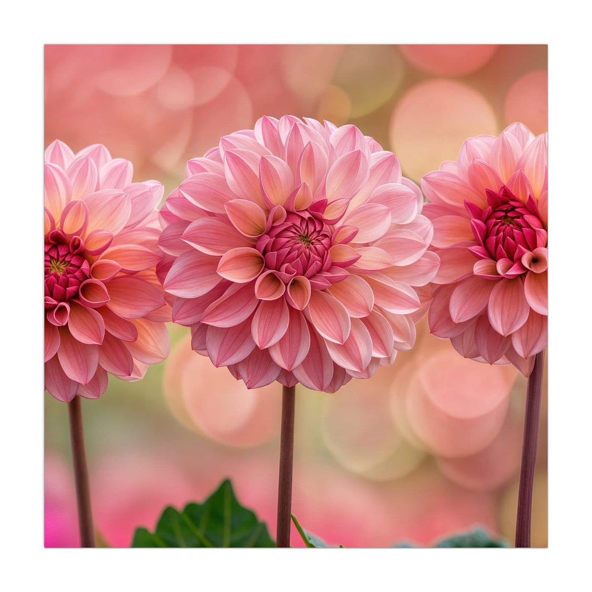 Drei rosa Dahlien in Reihe vor rosa-grünem Bokeh