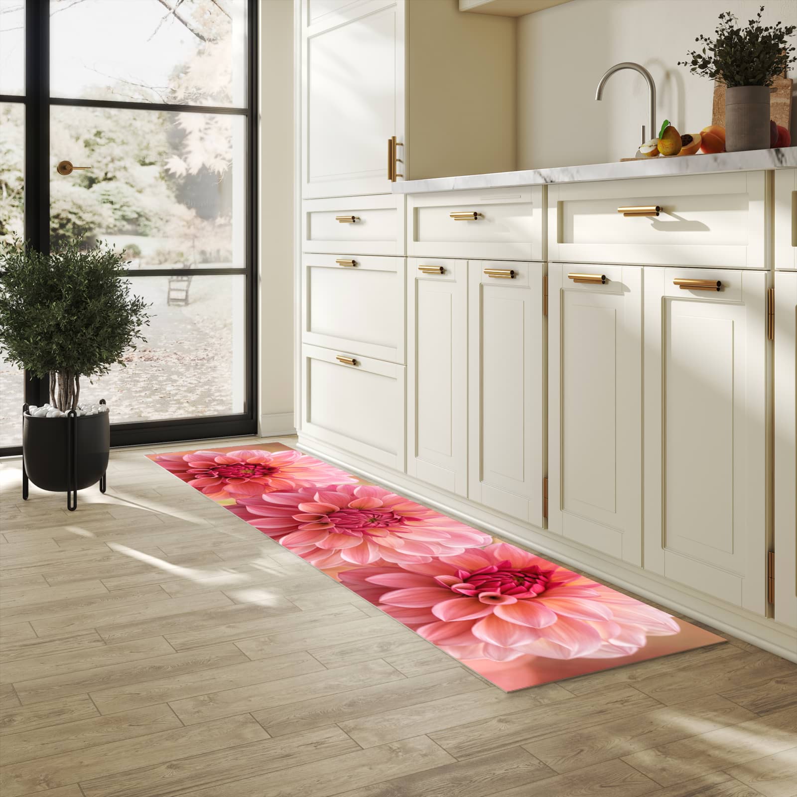 Rutschfester Küchenteppich mit Motiv Drei Blumenblüten in heller Küche