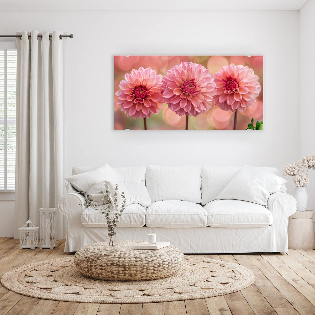 Aufhängung liegt bei – Motiv später wechselbar – Wandbild - Drei rosa Dahlien - Querformat
