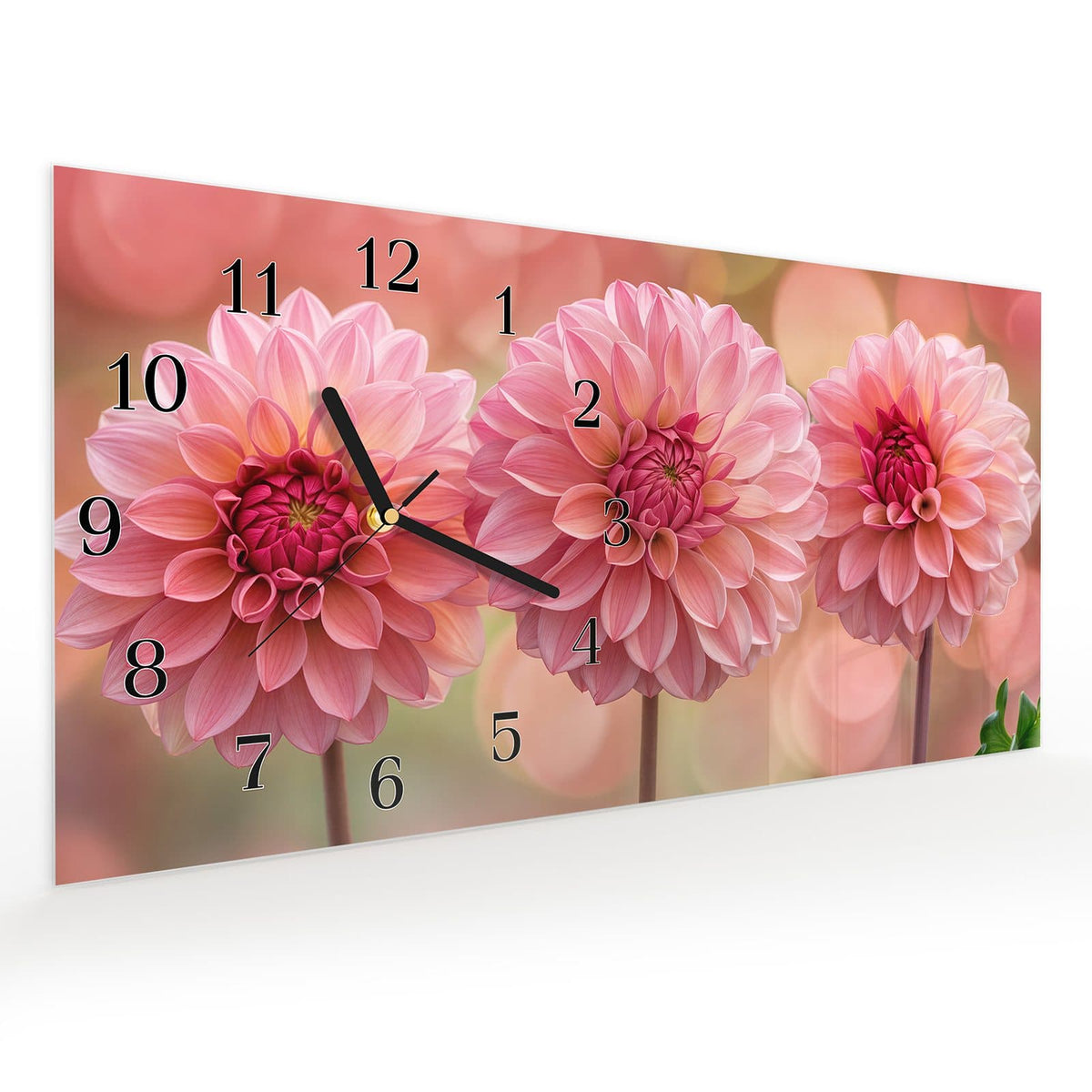 Vormontiert – mit Schwebeeffekt – Wanduhr Drei Blumenblüten aus Glas – Querformat 60 × 30 cm