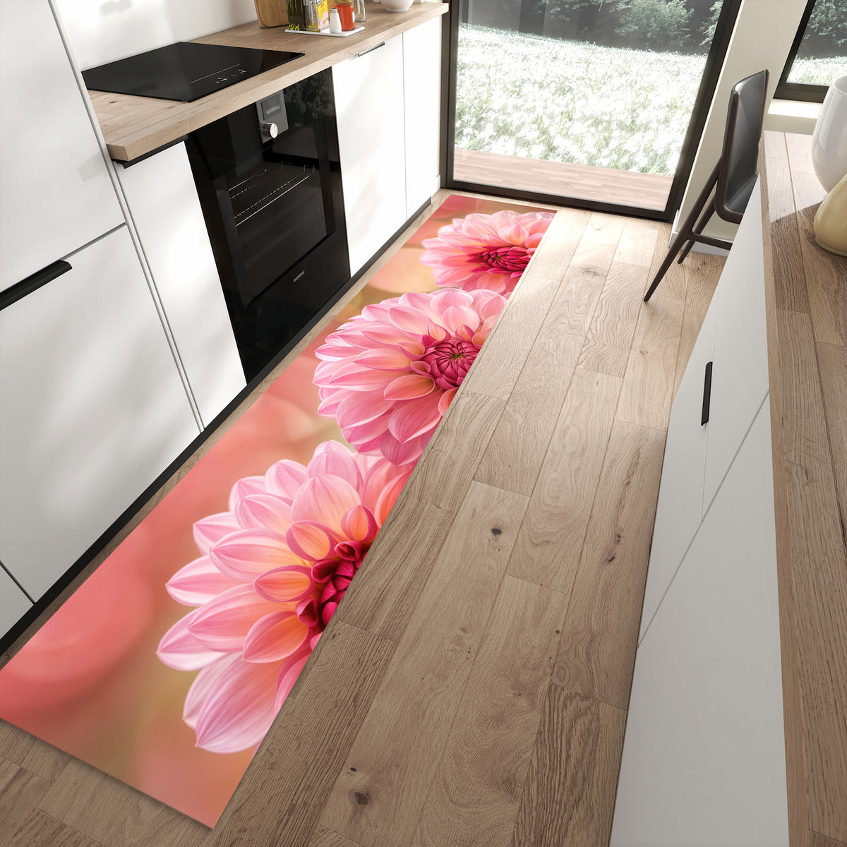 13 Größen – von 60 × 90 bis 80 × 300 cm – Küchenläufer - Drei rosa Dahlien