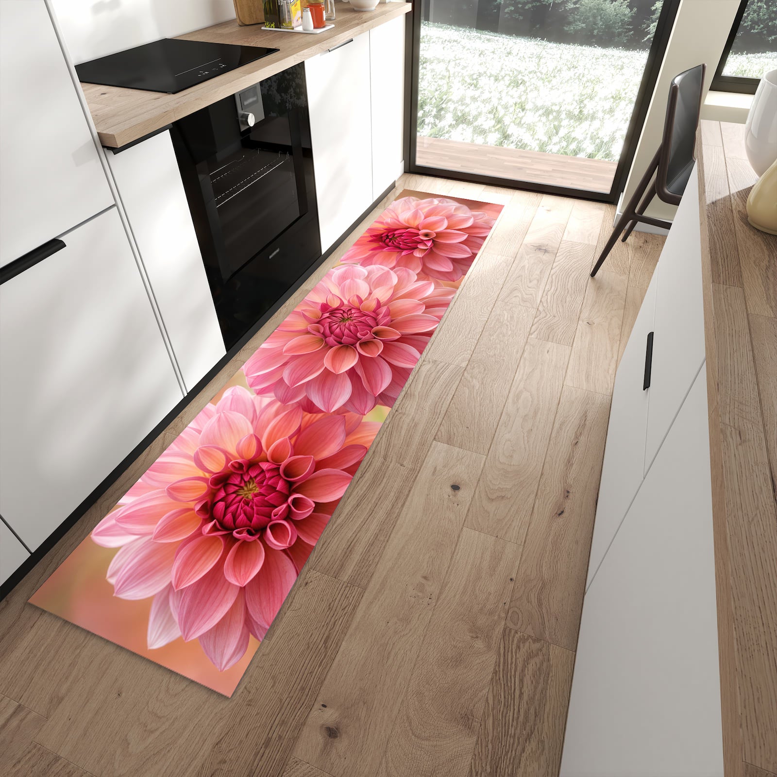 Küchenteppich mit Motiv Drei Blumenblüten für Trittkomfort in moderner Küche, waschbar