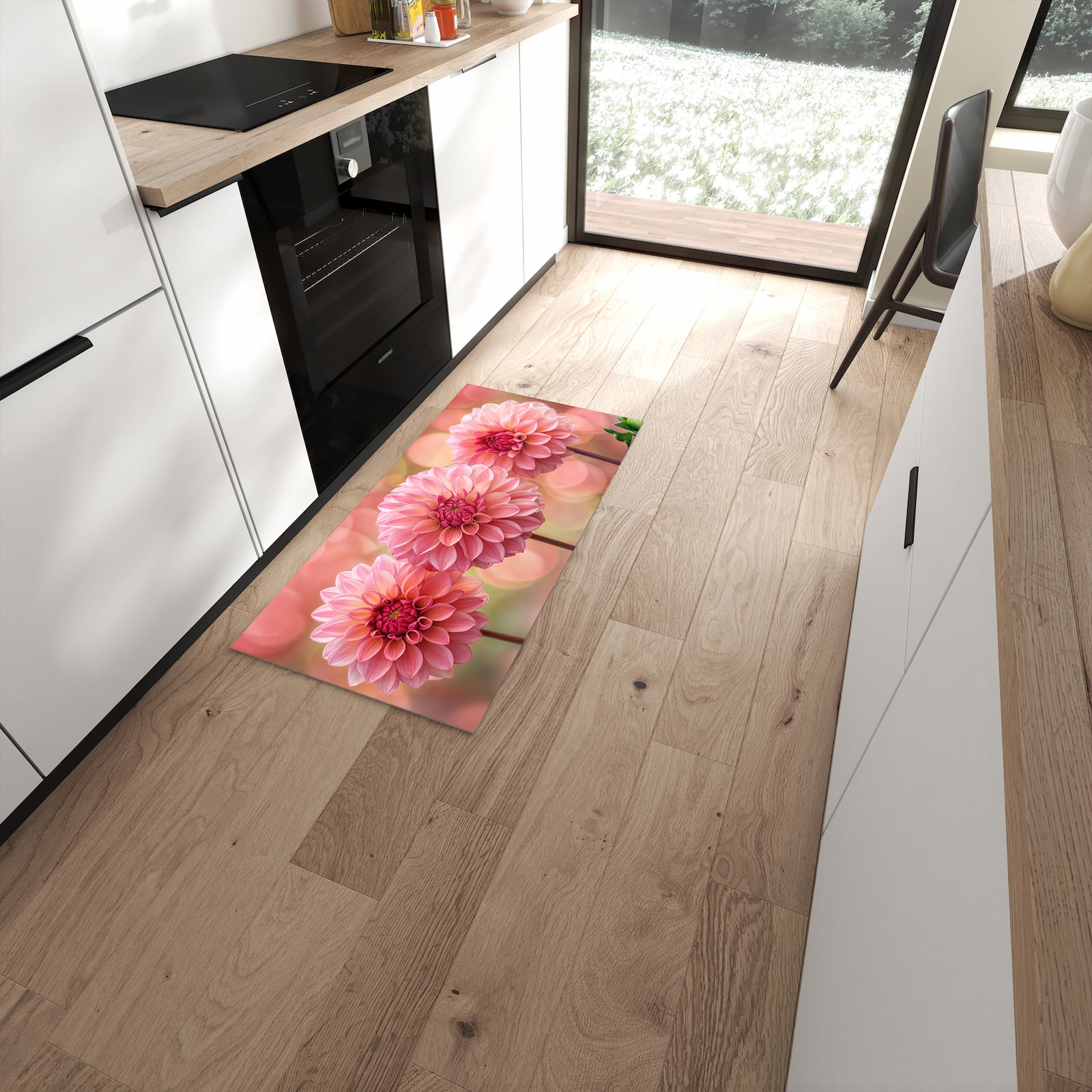Zeitsparender rutschfester Läufer mit Motiv Drei Blumenblüten in moderner Küche #grösse_60 x 120 cm