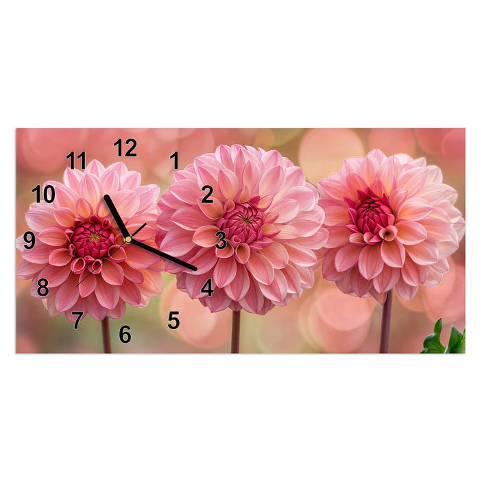 Wanduhr Drei Blumenblüten aus Glas – Querformat 60 × 30 cm mit Ziffernblatt Modern