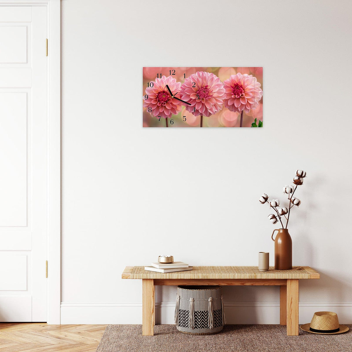 Moderne Wanduhr aus Glas mit Farbtiefe – Wanduhr Drei Blumenblüten aus Glas – Querformat 60 × 30 cm